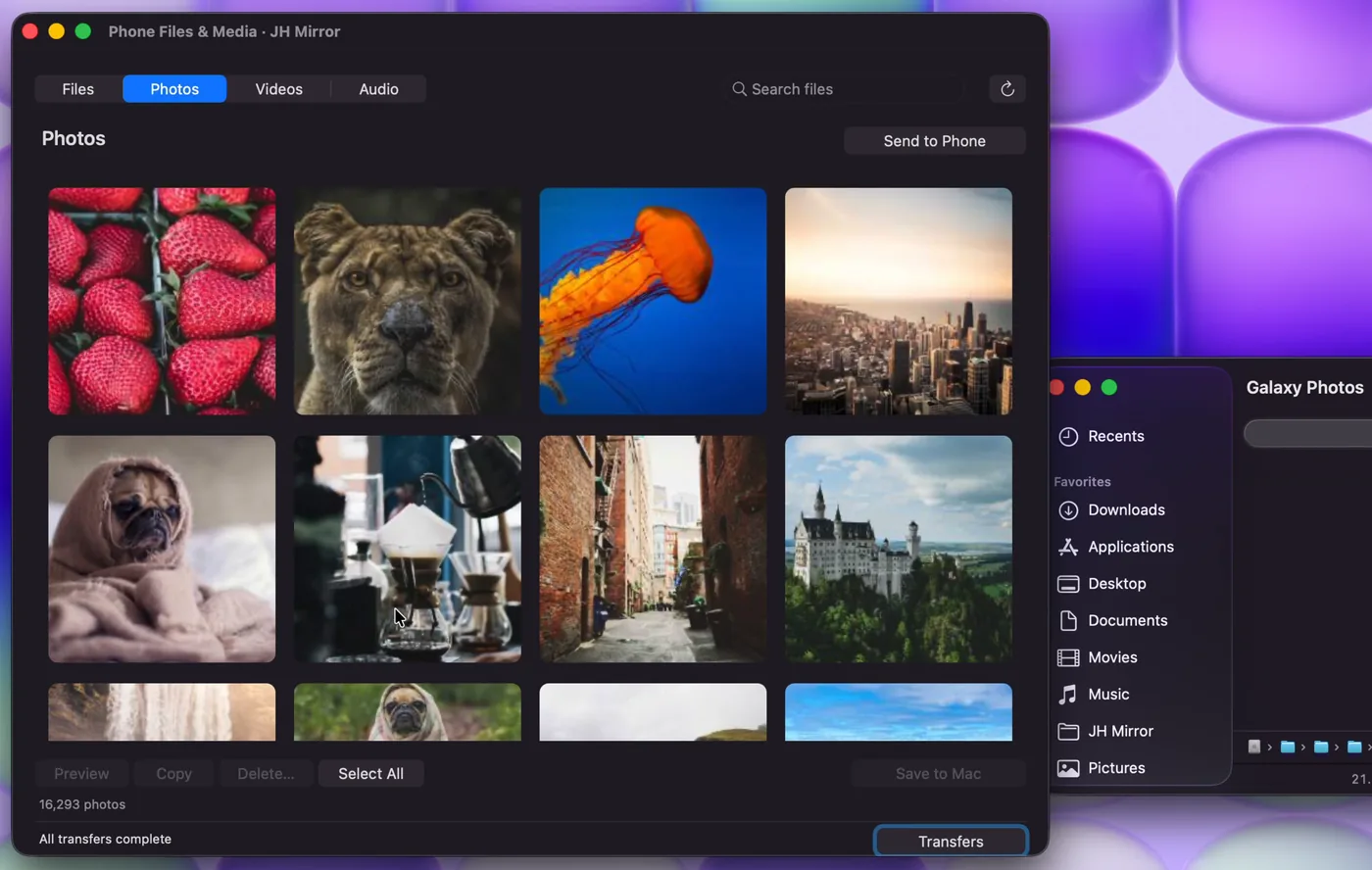 Phone photo gallery shown in JH Mirror on the Mac