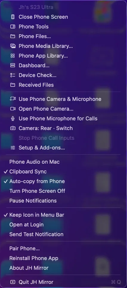 JH Mirror right-click menu with phone, camera, clipboard and notification controls