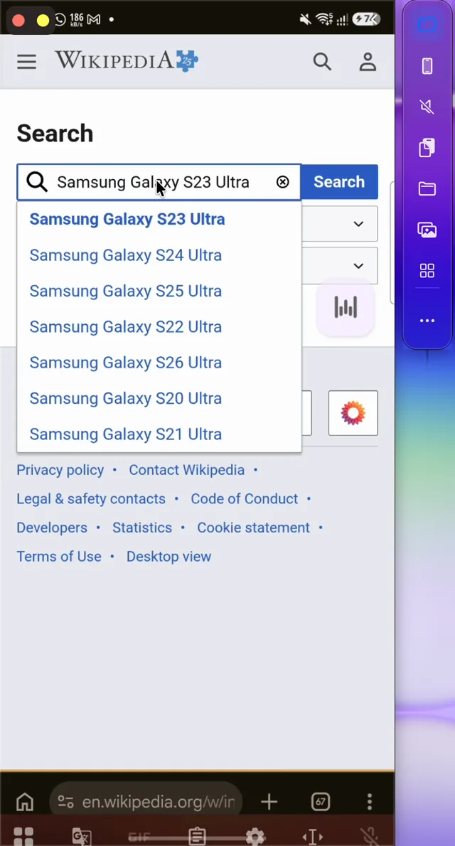 The JH Mirror phone window on a Mac showing Chrome with a search typed from the Mac keyboard