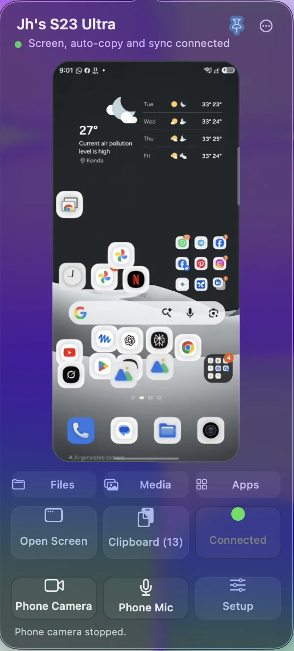 JH Mirror menu bar popover with a live phone preview and quick actions